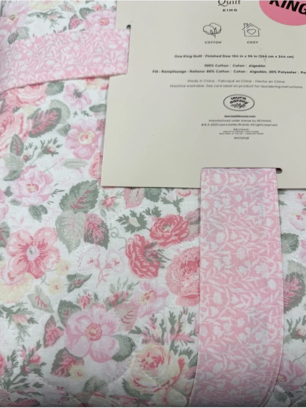 Laura Ashley Pink Floral Reversible King Quartet Pink Quilt ~ Cottage Core